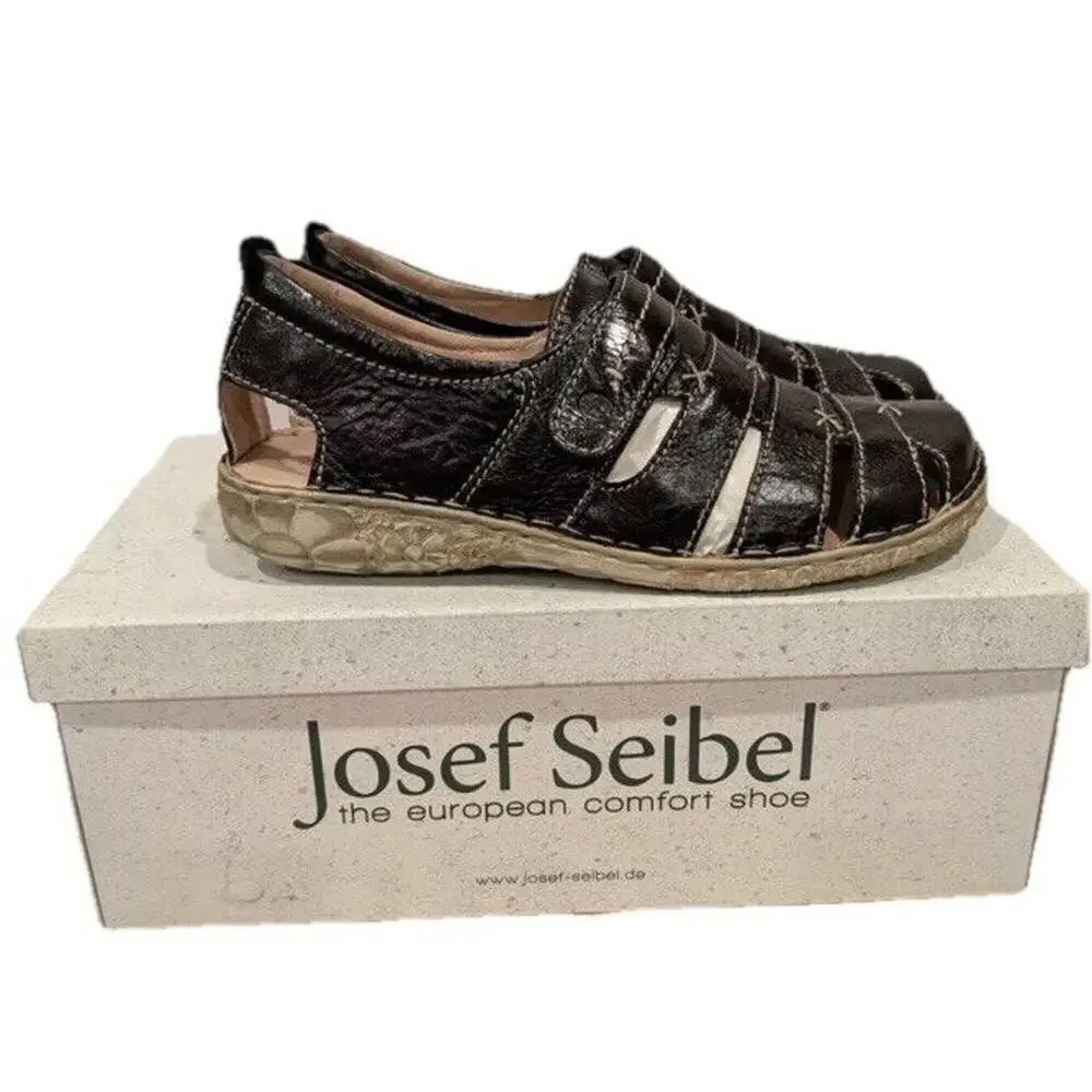 Josef Seibel Ida Black Sandals Loafers‎ Womens Sz US 6.5 EU 37 Leather Fisherman